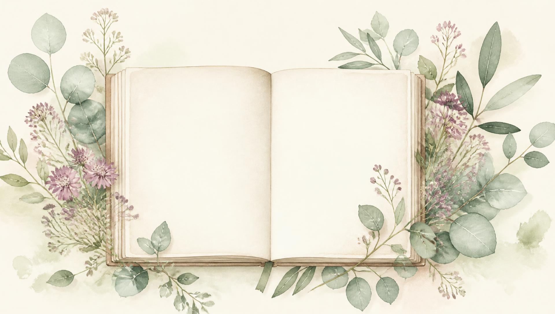 Ilustración acuarela de un diario abierto rodeado de eucalipto y flores malva